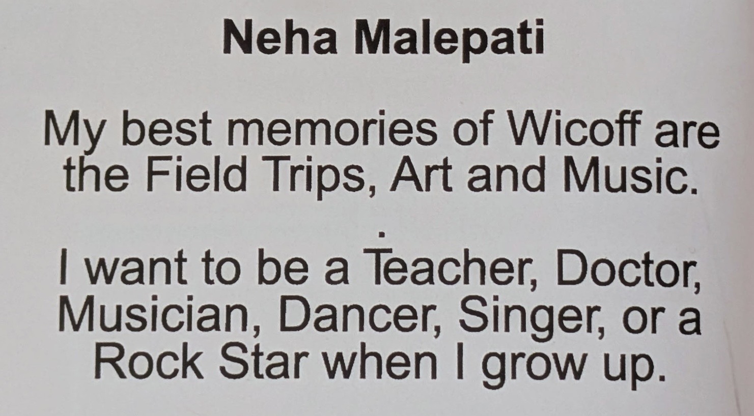 Neha's third grade yearbook entry